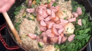 Easy Chicken and Rice Recipe - Add the sliced kielbasa