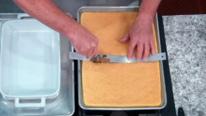 Easy Tiramisu Recipe - Cut the cooled ladyfinger cake into two equal pieces.