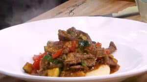 French Onion Beef Stir Fry - Serve hot over mashed potatoes or rice and enjoy
