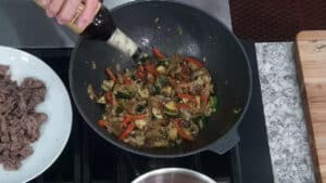 French Onion Beef Stir Fry - add the Worcestershire sauce and beef stock