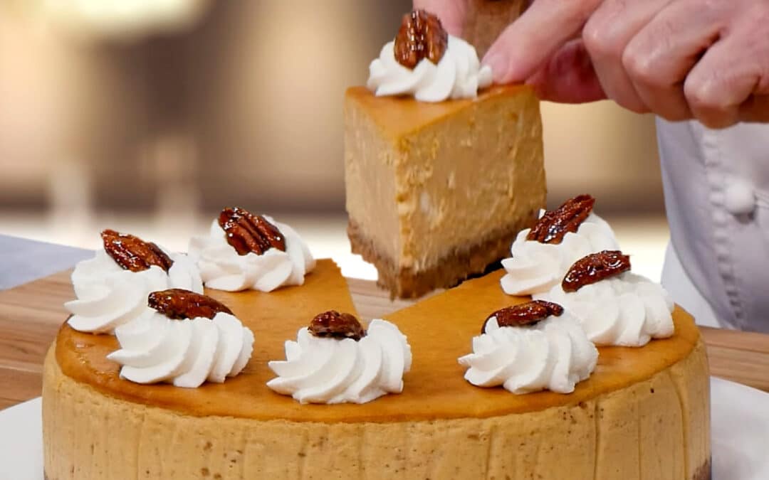 Pecan Pumpkin Cheesecake Recipe - Cutting the first slice